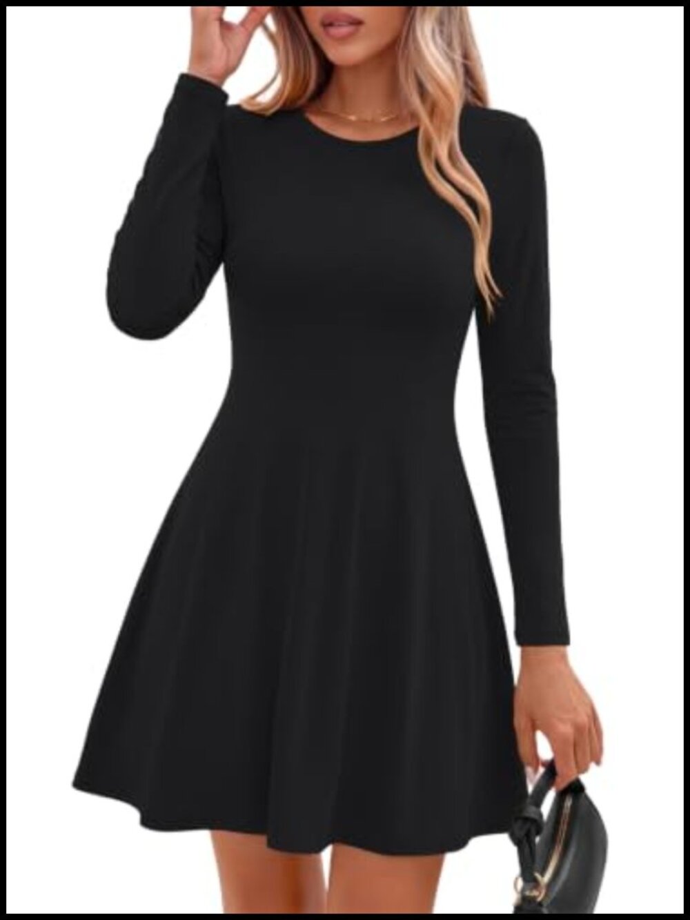 Ribbed Knit Long Sleeve Mini Dress Tie Back Waist Flowy A-Line